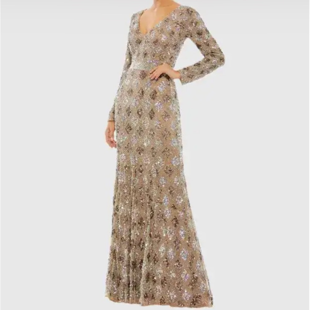 NWT Mac Duggal Sz 4 Mocha Sequin Geometric Long Sleeve Evening Gown 5021